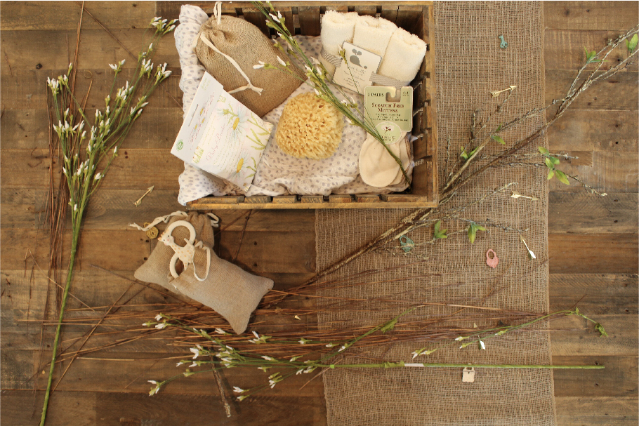 wooden box with products for the manzanilla sophia blog